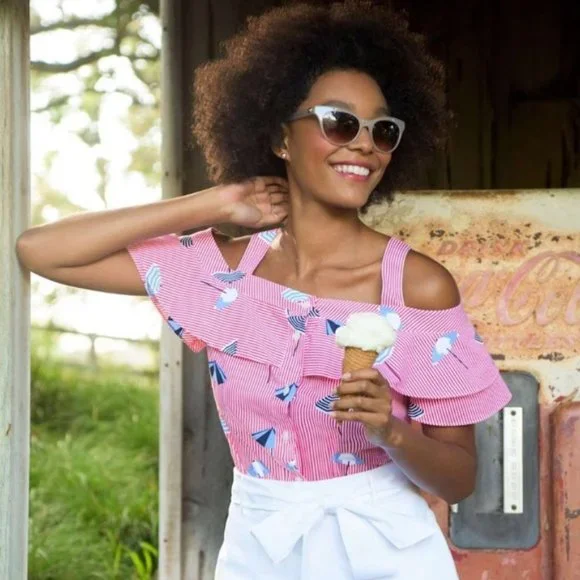 Draper James Summer Umbrella Nellie Cold Shoulder Top Size 4 - Picture 2 of 9